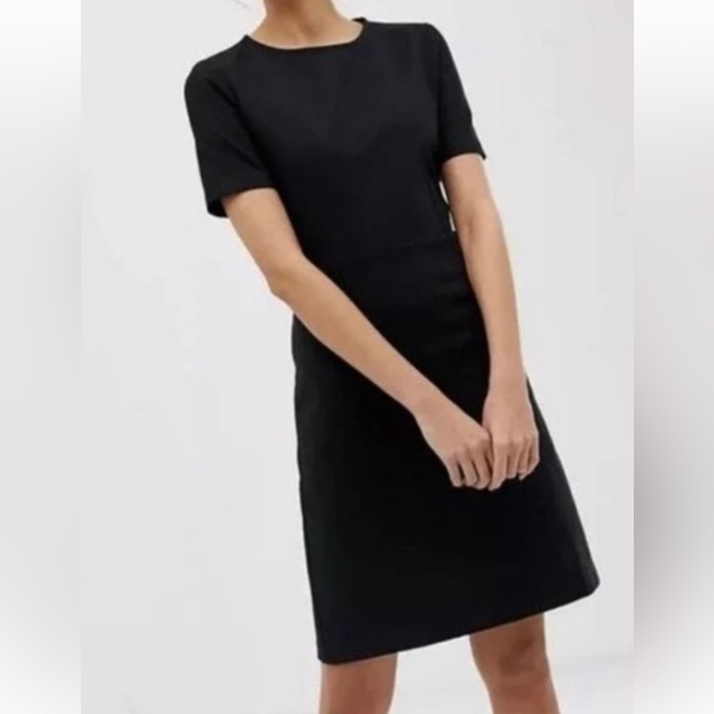 Short sleeve, high neck, sheath, solid, pleats, black, work, knee length